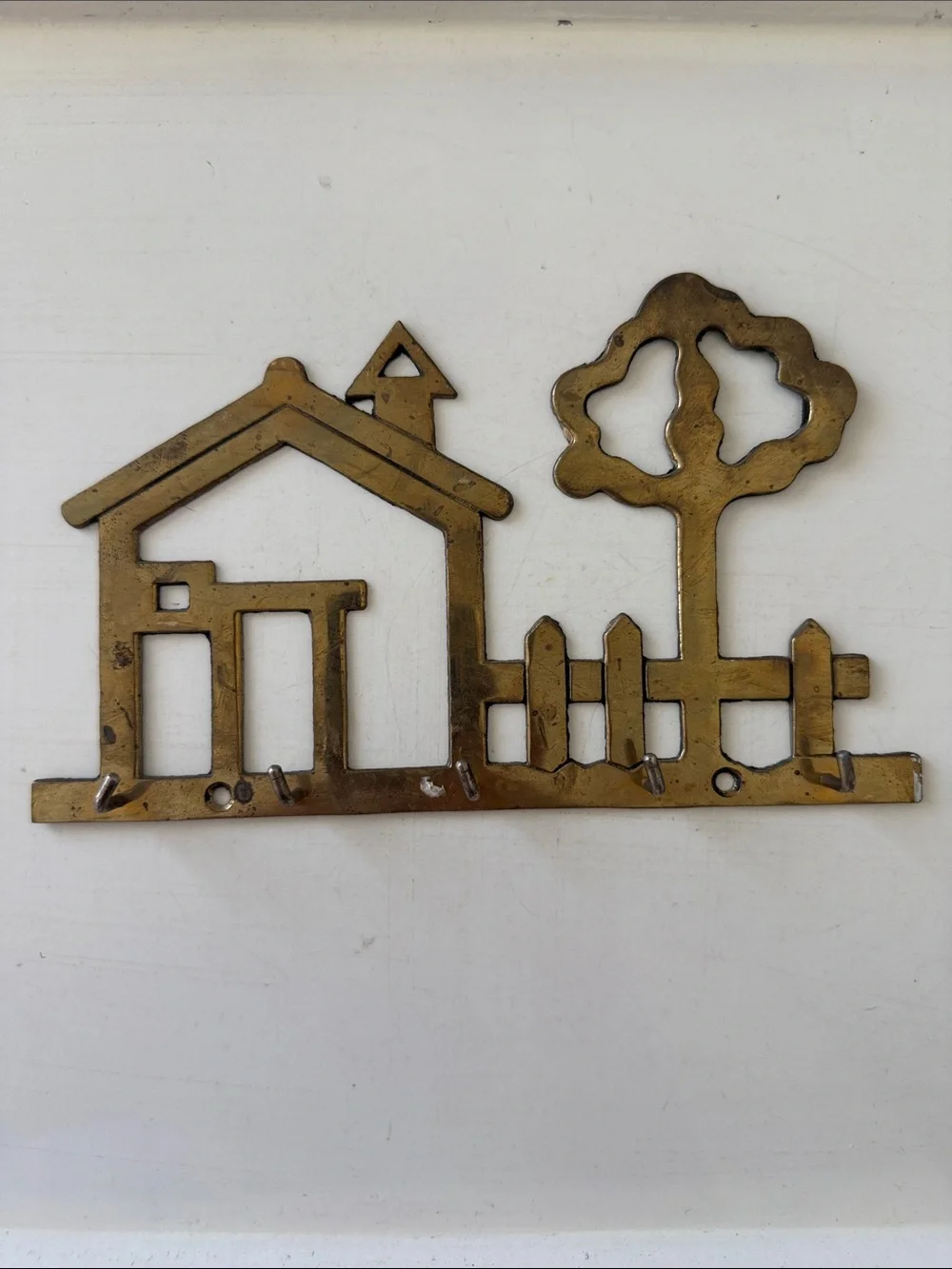 Vintage Whimsical Solid Brass House & Tree Wall Key Holder